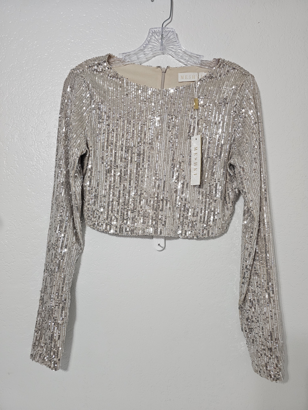 NWT MESHKI Christina Silver Sequin Long Sleeve Crop Top Sz M Party Holiday Glam - Picture 6 of 11